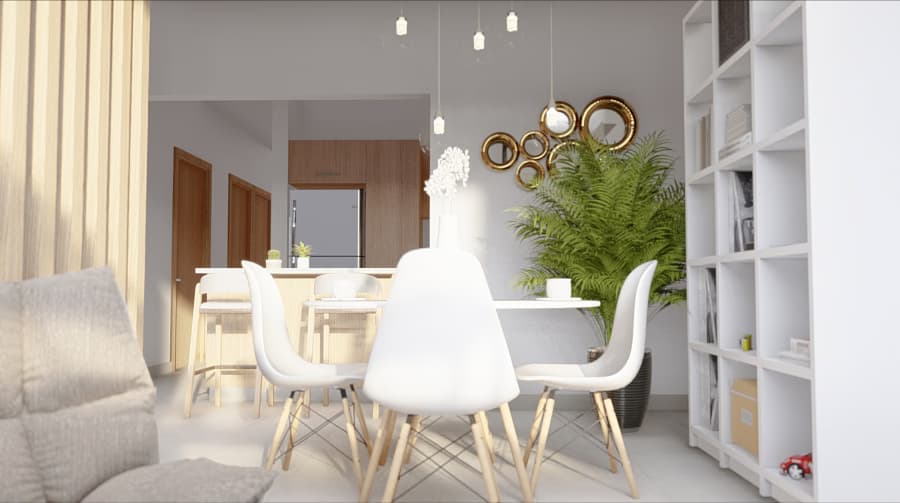 Modern dining interior with white chairs and decorative mirrors