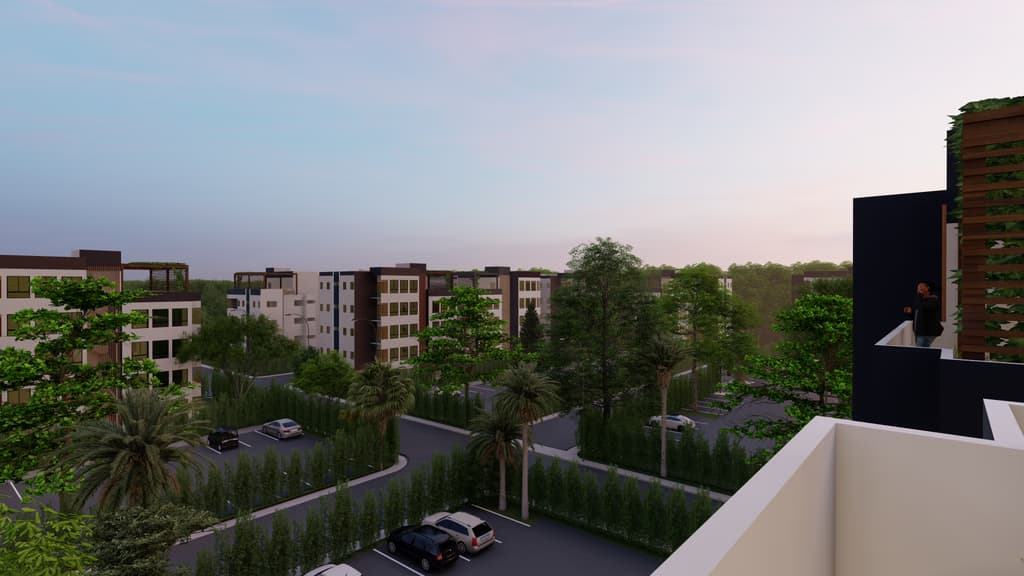 Desarrollo residencial moderno con edificios y áreas verdes