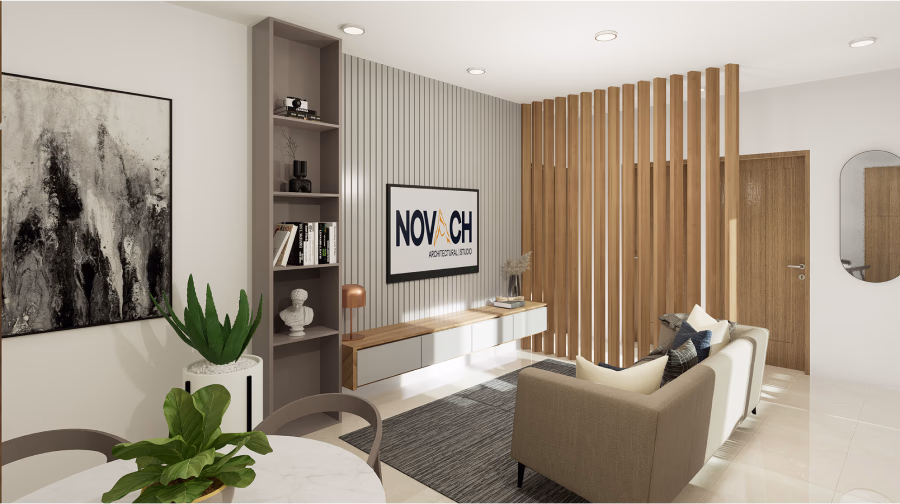 Modern living room with wood slat wall and contemporary furniture
